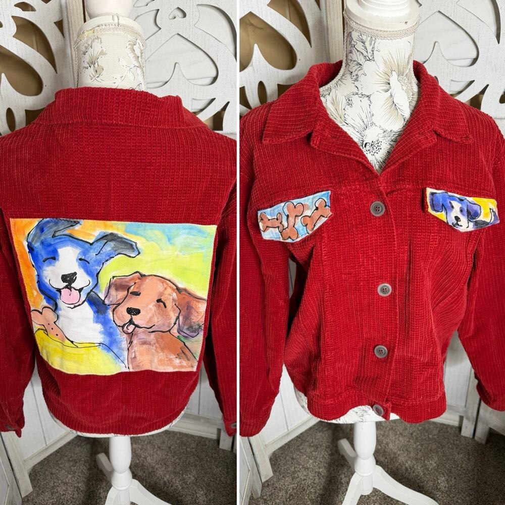 Vintage WEK Woman Red Jacket Hand Painted Puppy Dog Love USA Medium
